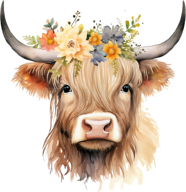 Watercolor Highland Cow with Flower Crown