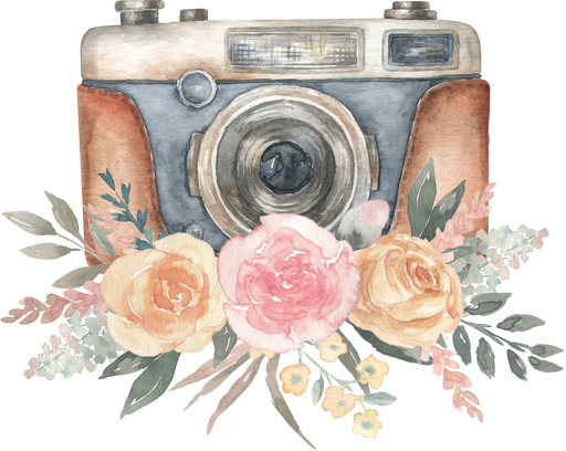 Watercolor vintage retro camera with flowers